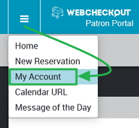 WebCheckout Patron Portal top-right menu selecting 